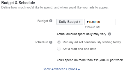 budget and schedule of facebook app install ads