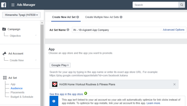 creating an ad set to drive app installs
